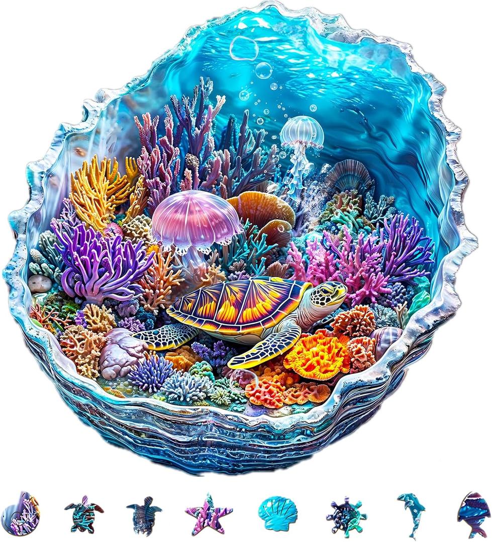 KAAYEE Wooden Puzzles for Adults, 3D Visual Effect Ocean's Embrace Turtle Wooden Jigsaw Puzzle Unique Shape Wood Puzzle Adult, 3D Effect Flat Puzzle Birthday Family Games (L-13.4 * 13.3in-265pcs)