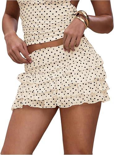 RoseSeek Women's Polka Dots Ruffle Tiered Layered Skirts Low Rise Ruched Y2K A Line Mini Skirt Apricot XX-Large