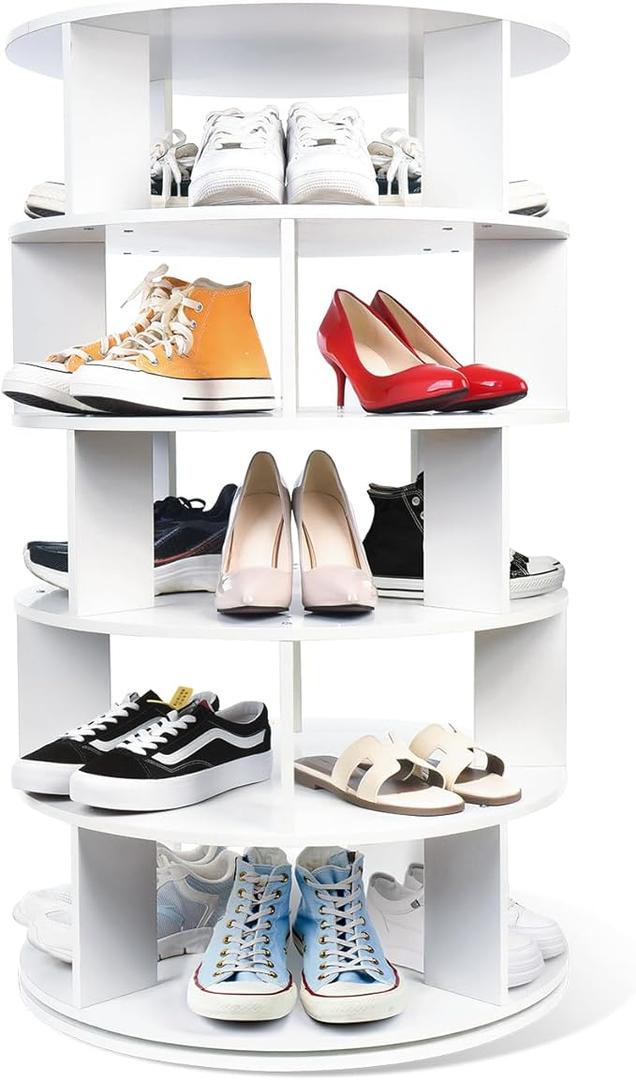 ASHLEYRIVER Rotating Shoe Rack, 5-Tier Wood Storage Spinning Shoe Rack Tower, Free Standing 360° Shoes Rack Organizer for Entryway, Garage, Bedroom, White