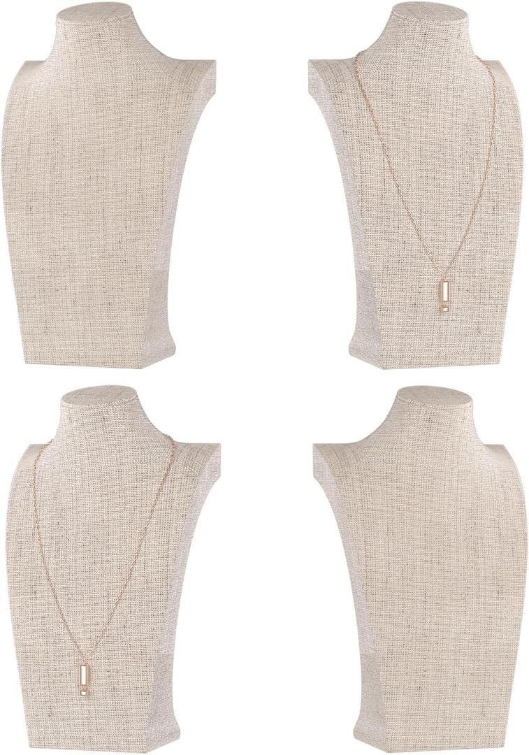 Necklace Bust Display Stand, Necklace Holder, Pendant Chain Necklace Organizer for Women (Yellow Linen, S 4PCS)