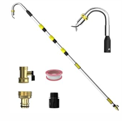 TONYINGO 24FT Reach Telescopic Gutter Cleaning Tool, 8-15FT Gutter Cleaner from the ground with 360°Rotatable Duckbill Metal Head, Shut Off Valve, Leak-Proof Gutter Cleaning Wand for Garden Hose