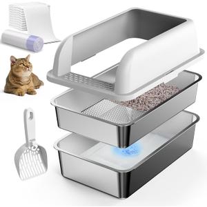 23.5''x15.7''x6'' Enclosed Stainless Steel Litter Box with Lid, XL Sifting Litter Box for Pine Pellets, High Sides Metal Litter Box System for for Big Cats, Anti-Leakage, Easy Cleaning, Less Tracking