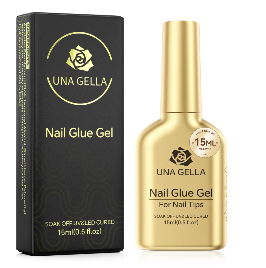 UNA GELLA 6 in 1 Gel Nail Glue for Clear Acrylic Nails Tips, 15ml UV Nail Glue Long Lasting Super Strong Brush for Base Coat, Clear Fake Nails, and Soft Gel Tips Lamp Curing Required