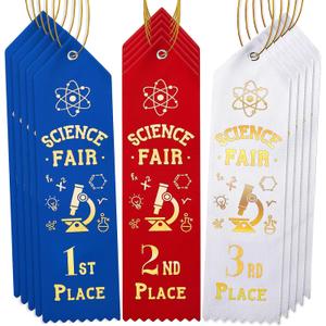 45 Pcs Science Fair Award Ribbons 1st, 2nd, 3rd Place Participation Prize Winner Recognition Ribbons with Event Card and Rope for Competition Sports Event Contest Prize Ornaments (Blue, White, Red)