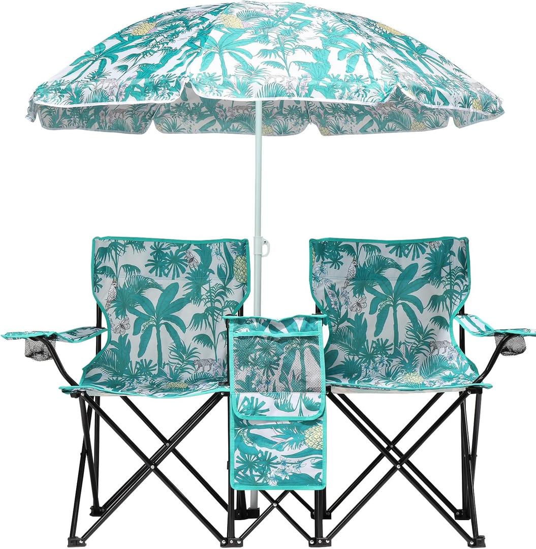 Double Folding Camping Chair W/Umbrella Fold Up Table Beverage Holder Carrying Bag Cooler for Patio Pool Park Outdoor Beach, Picnic, Portable (Pineapple)