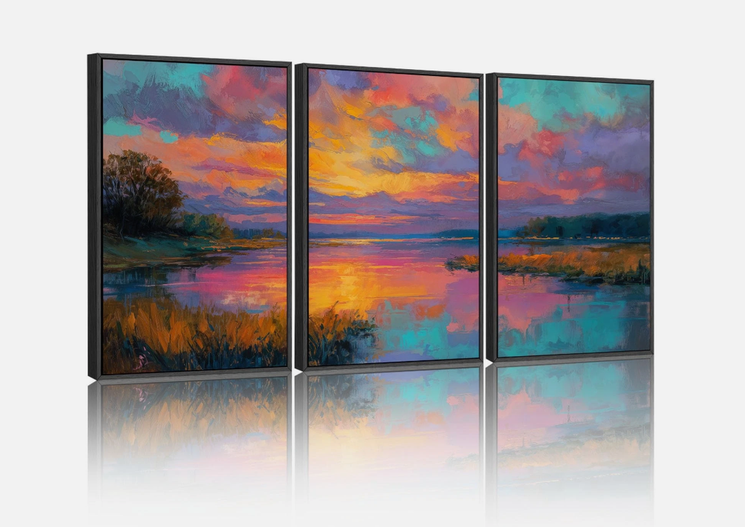 YCJKJDZ Framed Colorful Lake Scene Sunset Canvas Wall Art Set of 3, Watercolor Forest Sunset Canvas Print Artwork, Living Room, Bedroom, and Office Decor – 16x24 in