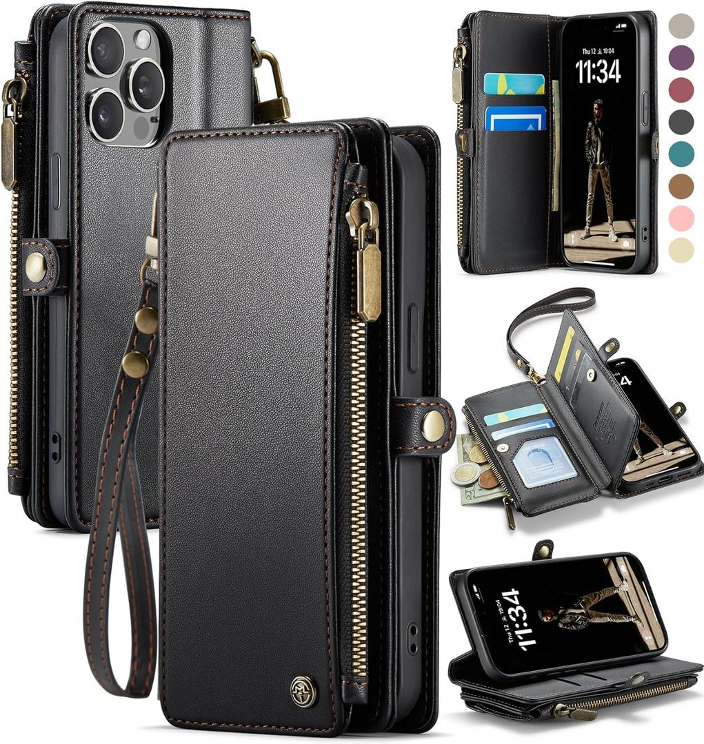 Defencase Compatible with iPhone 14 Pro Case Wallet with RFID Blocking Card Holder for Women Men, Soft PU Leather Magnetic Snap Flip Zipper Strap Wallet Phone Case Fit for iPhone 14 Pro 6.1", Black