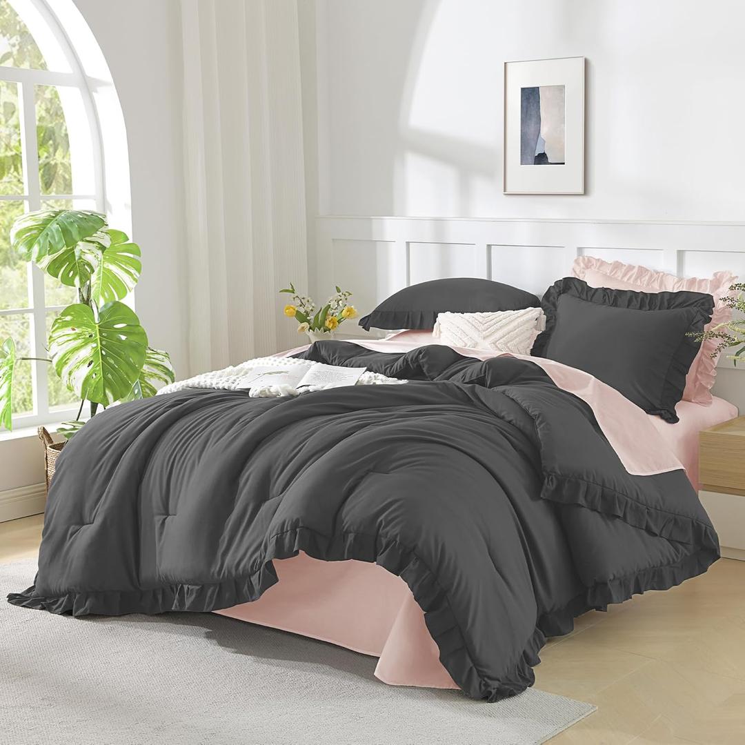 Andency Dark Gray Comforter Set Full, 3 Pieces Full Bed Solid Bedding Comforters & Sets, (1 Ruffle Comforter and 2 Pillowcases) All Season Lightweight Fluffy Soft Microfiber Bedding Set (79x90Inch)
