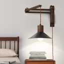 Wood Plug in Wall Sconces, Swing Arm Wall Lamp with Dimmable On Off Switch, 8.6 inch Vintage Wall Mounted Light Fixture with Cord for Bedroom Nightstand Bedside Reading Lamp - Bulb Included