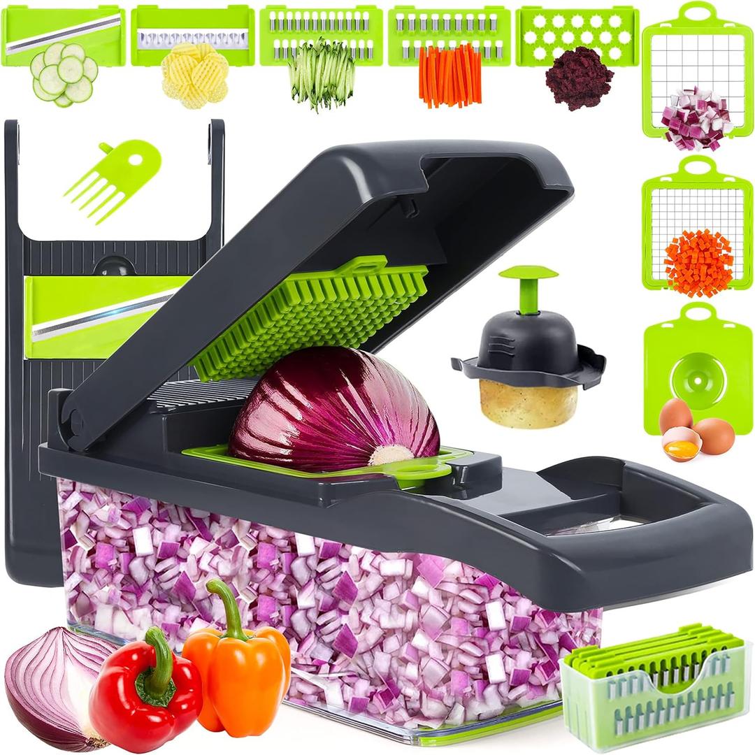 Vegetable Chopper Mandoline Slicer,Veggie Chopper, Multifunctional 10 in 1 Food Choppers, Kitchen Vegetable Slicer Dicer Cutter,Onion Mincer,Cheese Grater,Colander Basket,Kitchen Gadgets (Gray/Green)