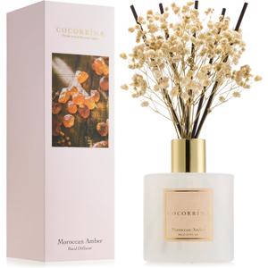 COCORRNA Reed Diffuser - Moroccan Amber 6.7 Fl.oz Reed Diffuser Set with Sticks & Preserved Baby's Breath, Reed Diffuser for Home Bathroom Shelf Decor