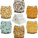 Mama Koala 3.0 Pocket Cloth Diapers for Babies with AWJ Lining, 6 Pack with 6 4-Layer Natural Cloth Diaper Inserts - Reusable and Washable Pocket Diapers(Hardworking Bees)