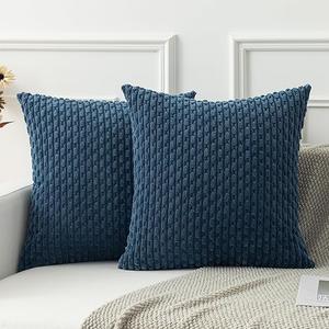 Kevin Textile 2 Packs Blue Decorative Throw Pillow Covers 20x20 Inch for Living Room Couch Bed Sofa Soft Striped Corduroy Square Cushion Case 50x50 cm Rustic Farmhouse Boho Home Decor