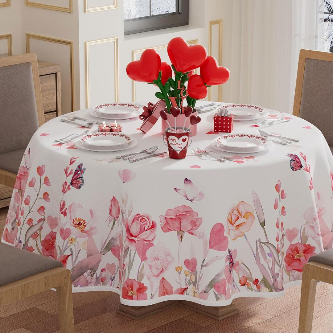 XCHI Watercolor Flowers Love Hearts Butterfly Valentine's Day Tablecloth Round Table Cloth Washable Table Covers for Indoor Dining Home Party Decorations 70x70 Inch