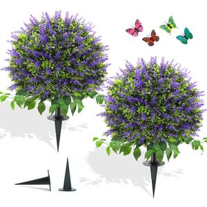 28" Artificial Boxwood Topiary Ball with Lavender, UV Resistant Topiary Tree Faux Boxwood Ball Shaped Porch Bushes with Ground Spike Artificial Bushes for Outdoors Front Door Decor Home Garden