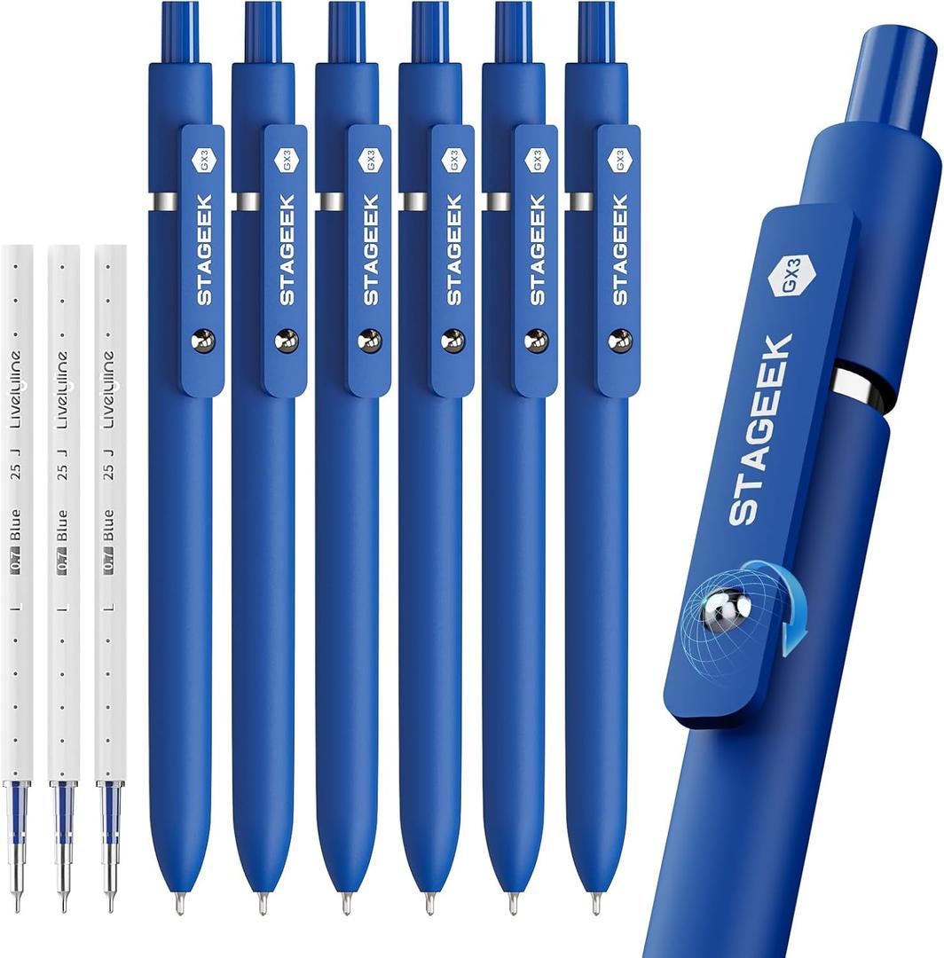 STAGEEK Blue Gel Pens GX3, 6Pcs Quick Dry Blue Ink Pens with 3 Extra Refills, Fine Point Retractable Smooth Writing Pens for Journaling, Office, Note Taking, School Supplies, Nurse Aesthetic(Blue)