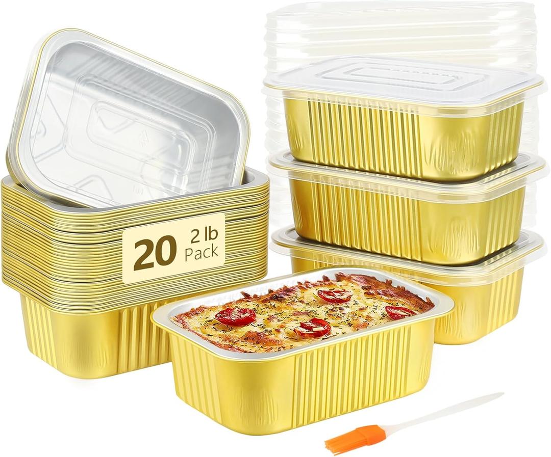 LNYZQUS 30oz Aluminum Pans Foil Baking Tins with Lids 20 Pack, 7"x5" Bread Loaf Pan Disposable Cake Tin,Heavy Duty Foil Leftover Containers,Deep To Go Containers Holders for Heating Meal Prep