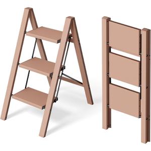 HillhutApex 3 Step Stool Foldable Ladder,Aluminum Step Ladder | Folding Lightweight Stable Stool with Wide Non-Slip Pedals, 330lbs Bearing Capacity Ladder for Office,Home,Kitchen-Light Pink