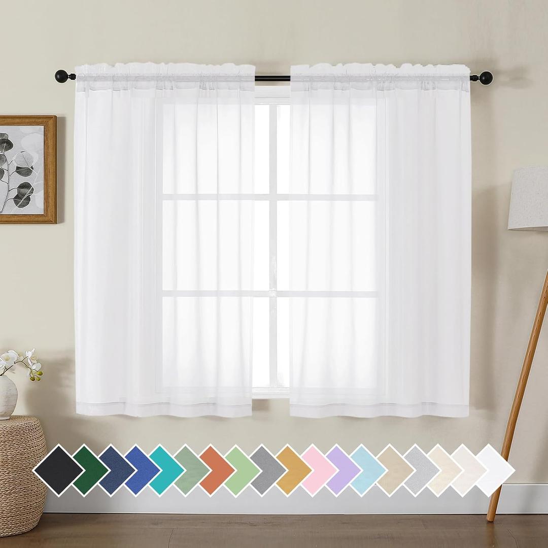 Gwine White Sheer Curtains for Living Room 45 inches Long, Short Voile Light Filtering Window Treatments Sheer Curtains for Bedroom, Half Window Drapes with Rod Pocket, Each 42" Wx45 L
