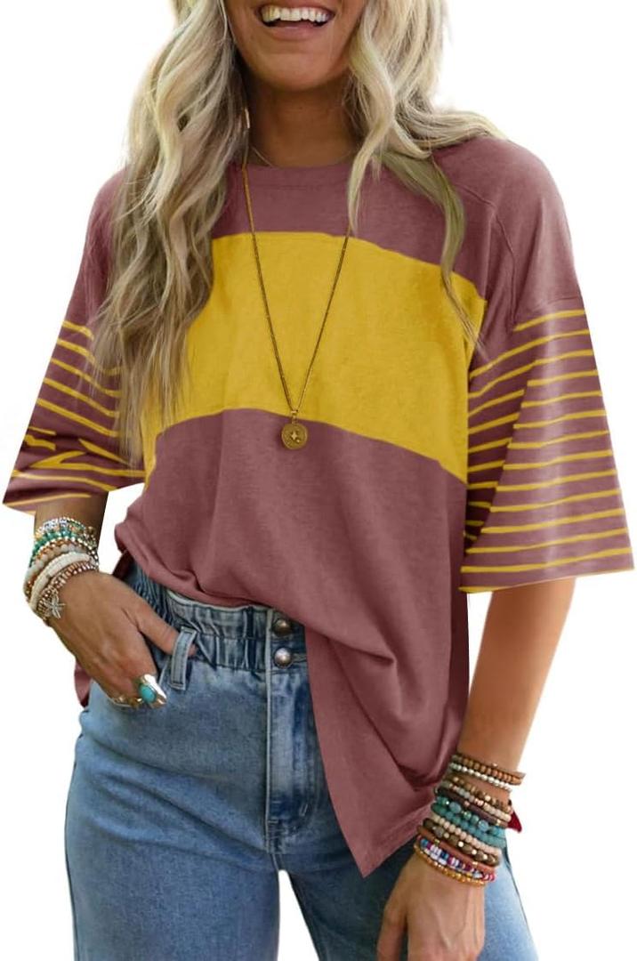 Yousify Womens Crew Neck Summer Tops Short Sleeve Striped Block Colors Shirts Loose Blouse T-Shirts (Large, Brick Red)