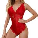 dream love Women Snap Crotch Lingerie Sexy Lace Bodysuit Deep V Teddy Sleepwear One Piece Lace Babydoll S-XXL (02-bright Red)