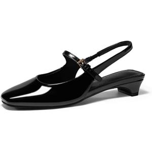 Coutgo Womens Mary Jane Chunky Low Heels Slingback Ballet Flats Closed Square Toe Wedding Dress Shoes, 6.5