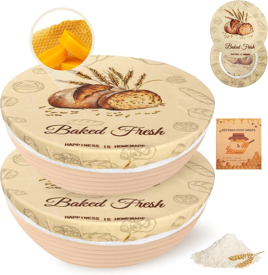 2Pack Beeswax Bowl Covers for Bread Proofing, Large 10inch Sourdough Bowl Covers, Reusable Bowl Covers for Dough Proofing and Food Storage, Elastic Shower Caps for Sourdough Bread