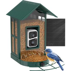 Soliom- Bird Feeder with Camera, 5W Solar Powered, AI Identify Species, Smart Wild Bird Watching, 2K Live View, Instant Arrival Alerts,Large 2.7L Seed Capacity, Metal Squirrel Chew-Proof - BF08 Green