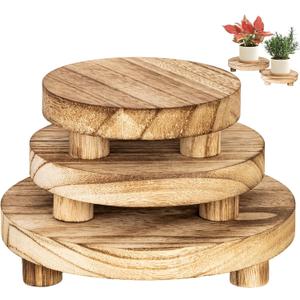 RFORPLY 3 pcs Wooden Stool Display Stand, Round Plant Stand, Farmhouse Indoor Small Plant Stand Round Display Stand Wood Flower Pot Supports Plant for Indoor Outdoor Home, Garden Patio Decorative