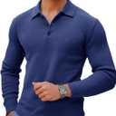 Runcati Mens Long Sleeve Polo Sweater Knit Polos V Neck Casual Dress Button Collared Pullover Sweaters (Large, Navy)