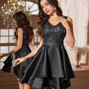 Meetjen Women's Short Prom Dresses for Teens Formal Sequin High Low Satin Bridesmaid Cocktail Party Homecoming Dress (Black, L)