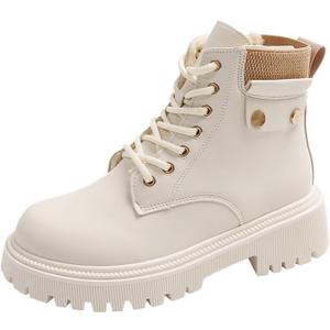 Women's Round Toe Leather High-Top Lace-Up Ankle Boots With Thick Sole And Non-Slip Side Zipper Suitable For Dating, Shopping, And Walking (White) 4.5