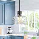 Emak 8 Inch Pendant Lights Kitchen Island, Black Pendant Light Fixtures with Hammered Glass Shade, Modern Farmhouse Island Lights for Kitchen, PL122-BK-HG