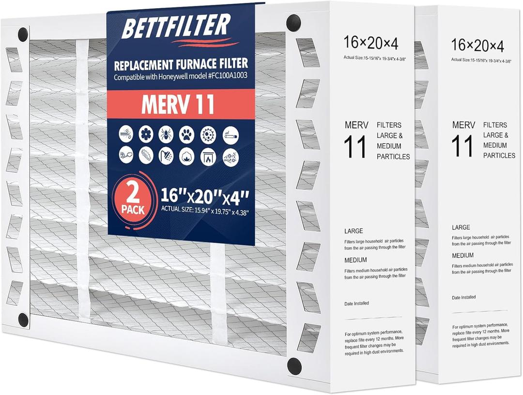16x20x4 AC Furnace Air Filter Compatible with Honeywell FC100A1003, MERV 11 HAVC Filter Replacement, Actual Size:15.94"x19.75"x4.38",Pack of 2