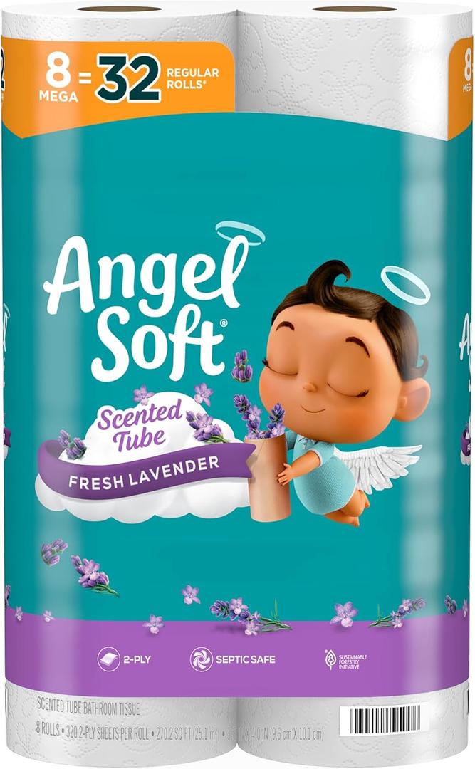 Angel Soft Toilet Paper with Fresh Lavender Scented Tube, 8 Mega Rolls = 32 Regular Rolls, Soft and Strong Toilet Tissue