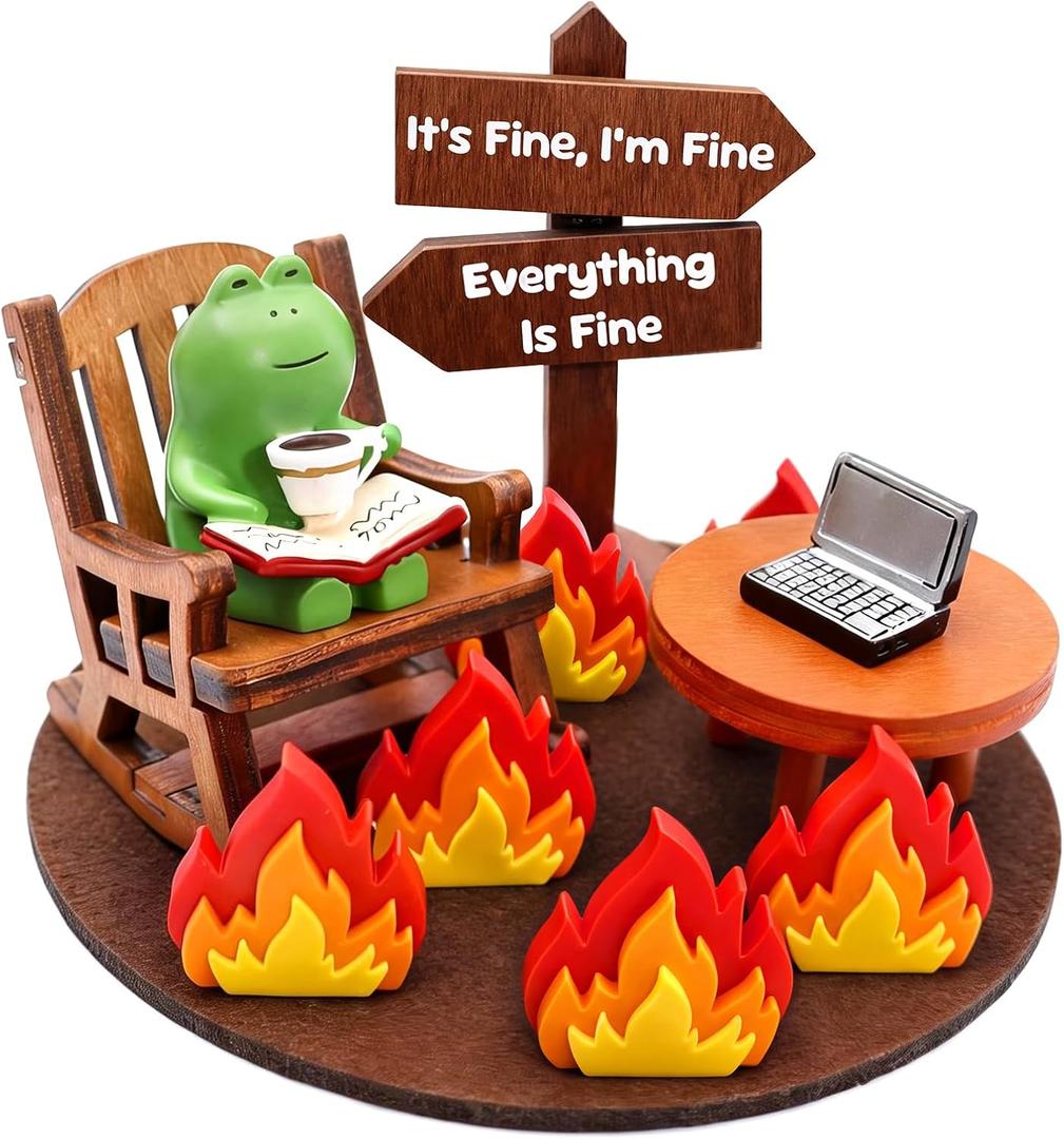 Miniature Frog Figurines Funny Desk Decor, Everything is Fine Meme Desk Figurine, Emotional Support Office Ornament, Stress Relief Gift for Coworkers, Home Workspace Tabletop Decoration
