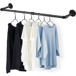 48 Wall Mounted Clothes Rack, Industrial Pipe Black Iron Garment Bar, Heavy-Duty Detachable Clothing Rod, Multi-Purpose Metal Wall display Hanging Pole for Closet Storage, Laundry Room 2 Base (48'' 1 Pcs)