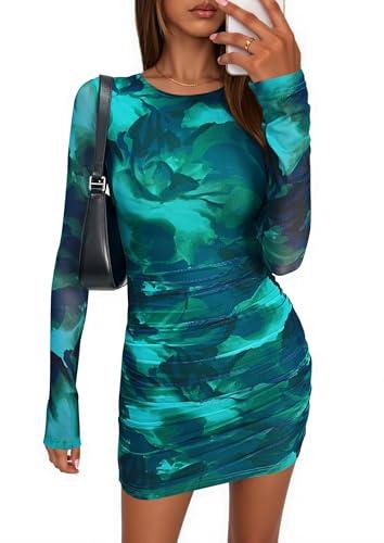 PRETTYGARDEN Women Long Sleeve Mini Dress Spring 2026 Tie Dye Print Bodycon Cocktail Party Club Outfits Homecoming Dresses (Lake Blue Floral,Small)