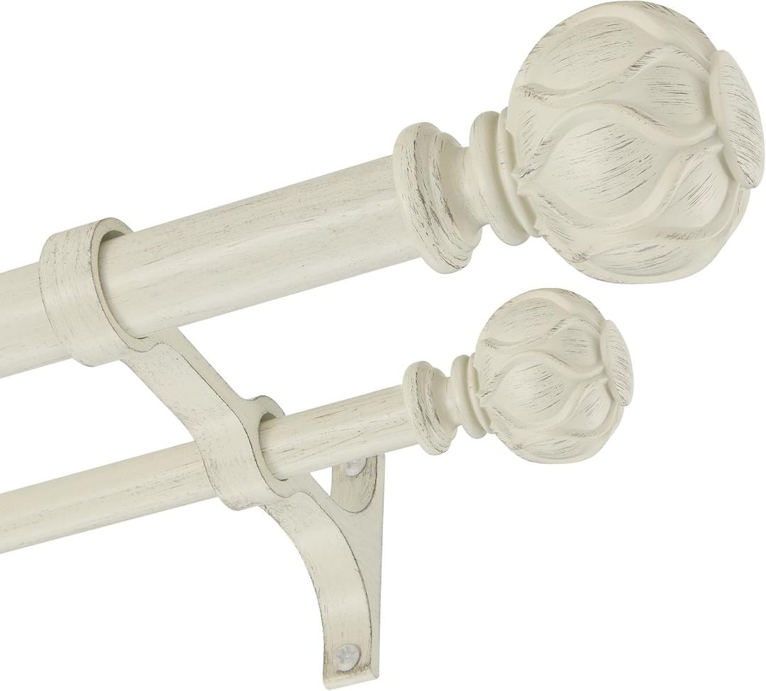 Double Curtain Rods 72-144”(6-12 Feet) for Windows, 1 Inch Diameter Front and 5/8 Inch Back Drapery Rod with Solid Aluminum Brackets, Heavy Duty Telescoping Dual Curtains Poles, White Wood Grain