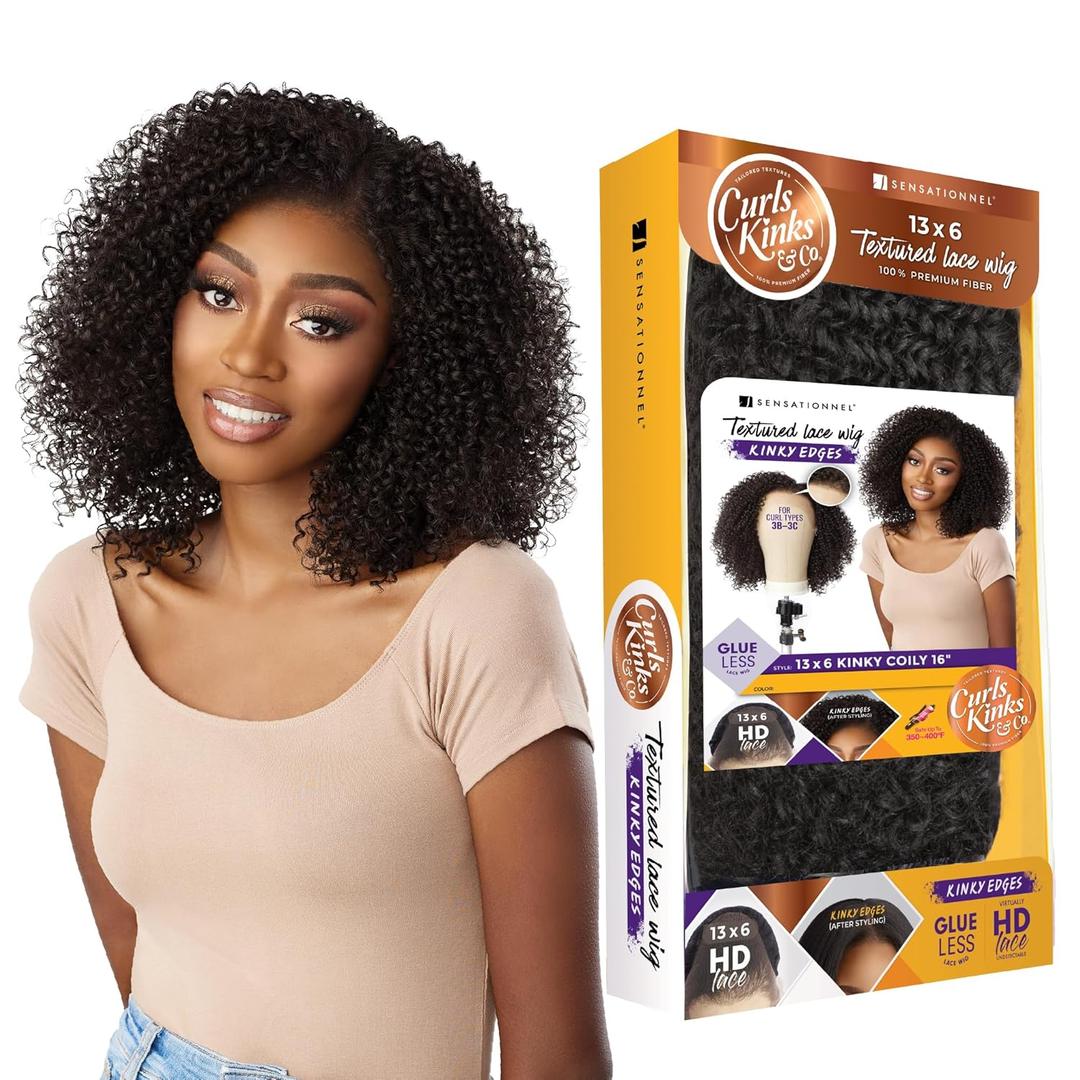 Sensationnel Curls Kinksandco Kinkyedges Wig - Kinky Coily 16 Inch 13X6 Lace Frontal Natural Kinkytexture Edged Hairline for Natural 3C to 4C Hair Textures (HL280/44)