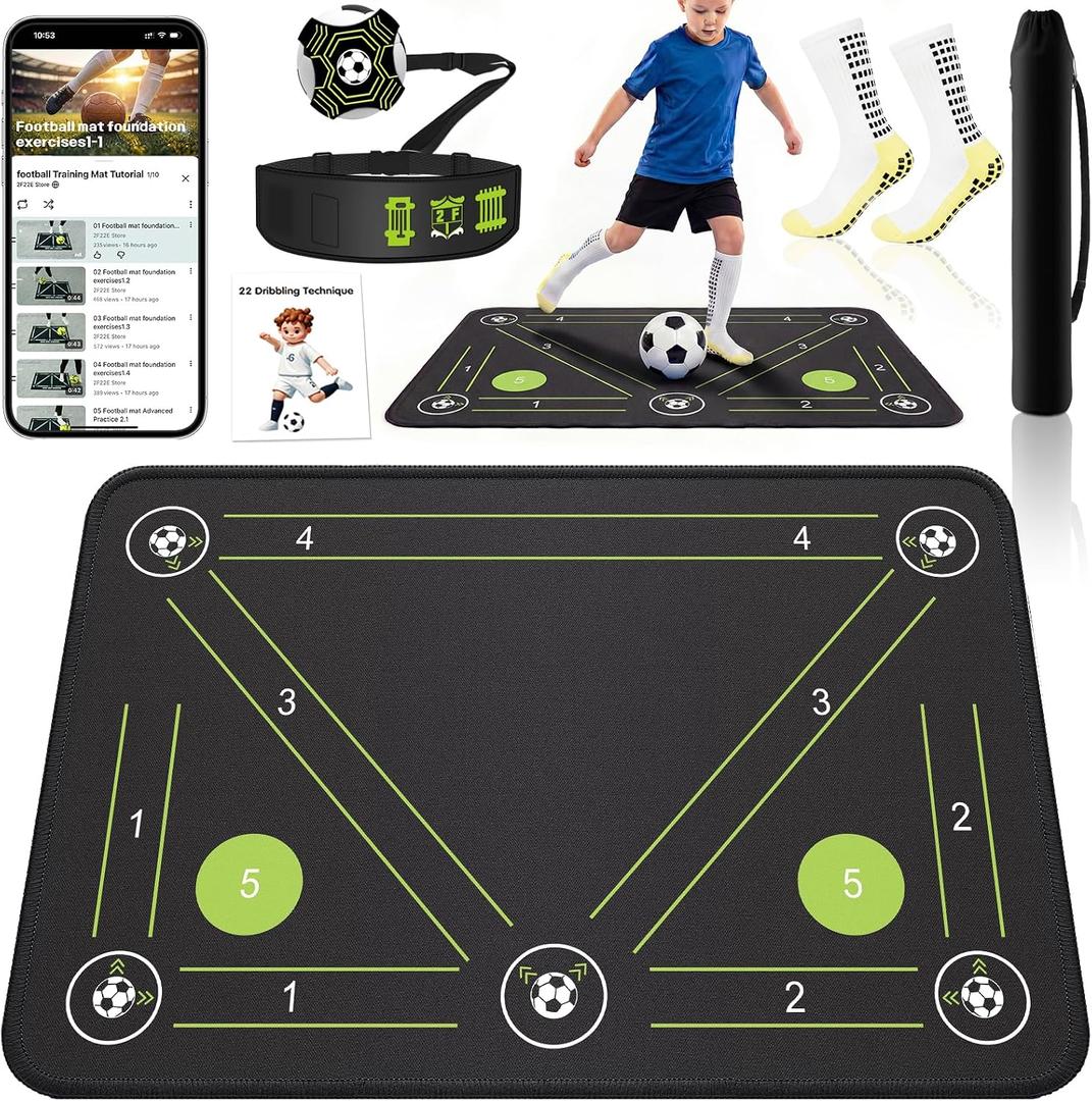 2F22E Soccer Training Mat for Kids & Youth, Non-Slip Silent Footwork Training Equipment with Soccer Bounce Trainer & Socks, Ball Mastery Skills Mat with Instructional Video for Indoor Practice