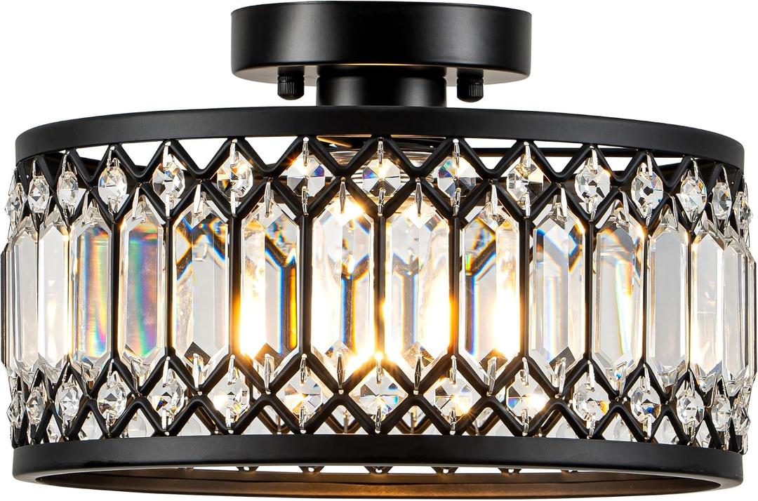 Zlepmlla Crystal Black Ceiling Light, Modern Semi Flush Mount Ceiling Light Fixture, Round Small Chandelier for Hallway Entryway Bathroom Bedroom Laundry Room, 1-Light, 11.4 Inch