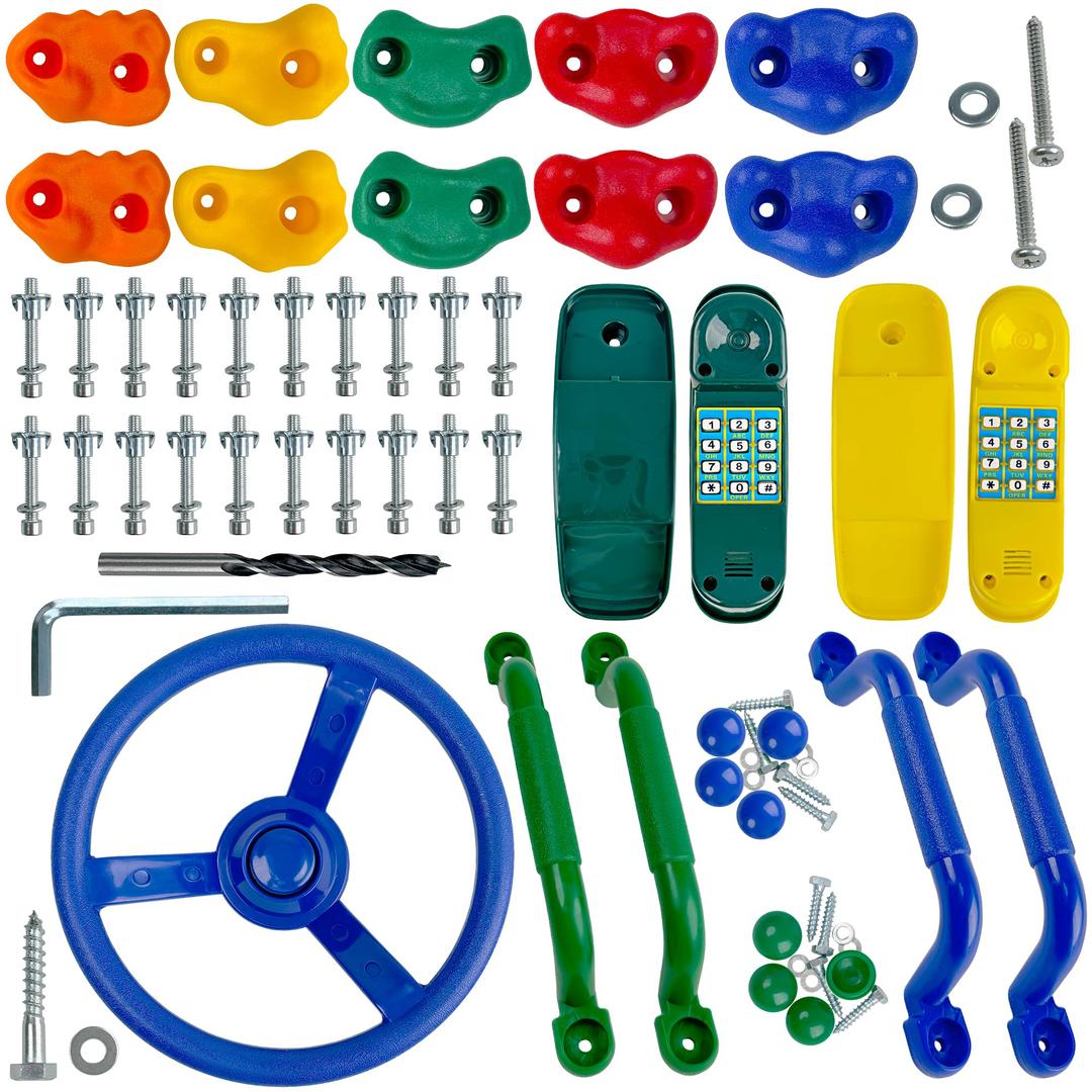 KINSPORY 17 Pack Playground Parts & Accessories for Kids - 10pc Colourful Rock Climbing Holds, 4pc Climbing Handles & Grips, 2pc Play Phones and Steering Wheel for Children Wooden Playset