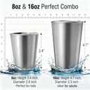 Stainless Steel Cups & Pint Tumblers Set of 8 - 4 Pack 8 oz + 4 Pack 16 oz Stackable, BPA Free Unbreakable 304 Metal Drinking Glasses for Children & Adults, Indoor Outdoor Picnic Travel Camping (EXP 07/07/26)