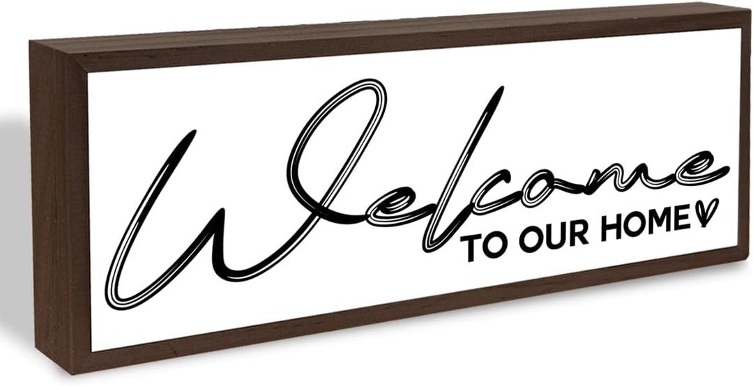 Welcome to Our Home Sign, Front Door Wood Signs, Framed Wooden Plaque, Shelf Decoration, Modern Farmhouse Home Decor, Housewarming Gift, 9.5x3.1x1 inches
