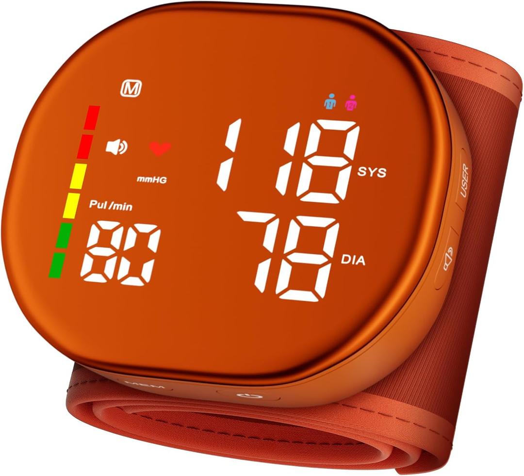 Double love Wrist Blood Pressure Monitor for Home Use - Upgraded Large LED Screen, Dual User 240 Memories with Carrying Case, Voice Broadcast, Adjustable bp Cuff (5.3-7.6 inches) - Orange