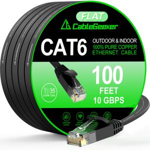 Cat 6 Ethernet Cable 100 ft, Indoor & Outdoor, High Speed 10Gbps Internet Network, Pure Copper Flat Ethernet Patch Cable Long, Computer LAN Cable with Clips & Straps for Router, Modem, PS4/5, Black
