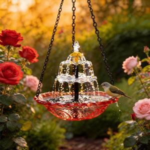 2026 New Solar Cascade Hanging Bird Bath Fountain Outdoor Bowl Bird Bath with Solar Pump, Large Hanging Fountain for Hummingbirds, Gardens, Patio & Backyard (Pink)