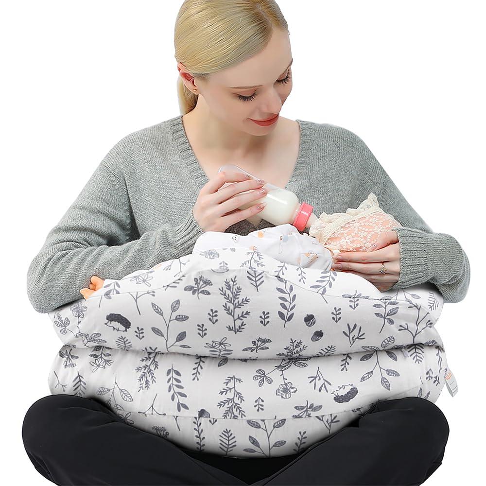 Chilling Home Nursing Pillow Adjustable, Pillow for Breast Feeding Bottle Feeding, Large Size More Support for Mom, Breastfeeding Essentials, Removable Cover (26*20*19.5 inch, Leaves Pattern-pro With Safety Fence)