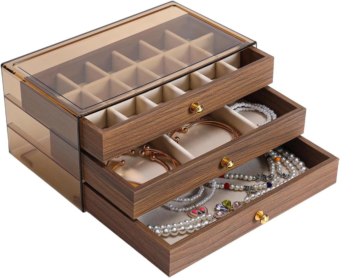 3 Layer Wooden Drawers Jewelry Box Vintage Style Jewelry Organizer with Acrylic Cover, Jewelry Storage Display Box for Ring Earrings Necklace Bracelet Box for Women and Girls(Walnut Color) (A)